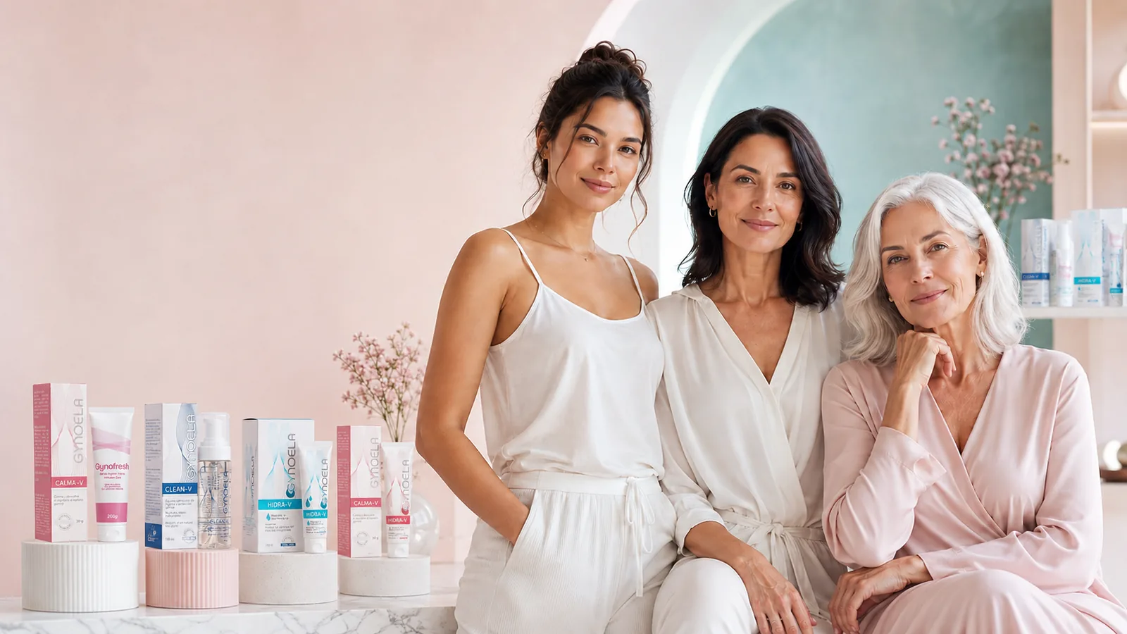 Mujeres de distintas etapas de la vida junto a productos de cuidado íntimo GynoStore